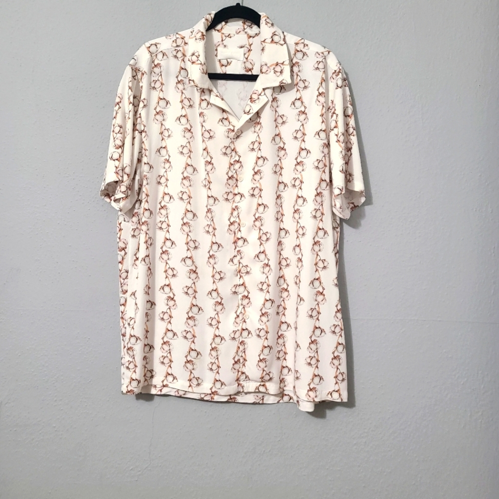 Flaneur Homme White‎ Cotton Flower Print Men's Shirt Large